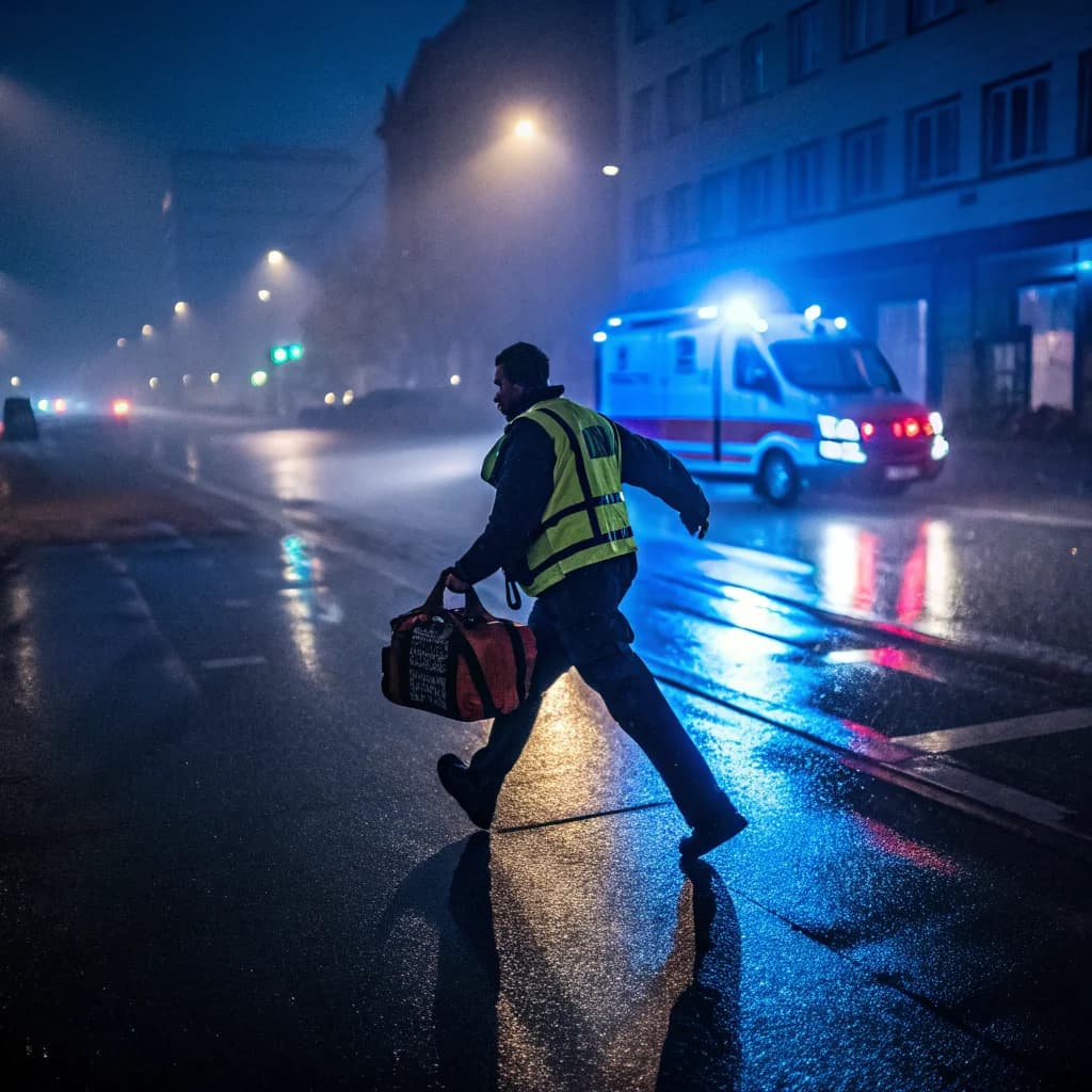 Notfallsanitäter im nächtlichen Blaulicht-Einsatz