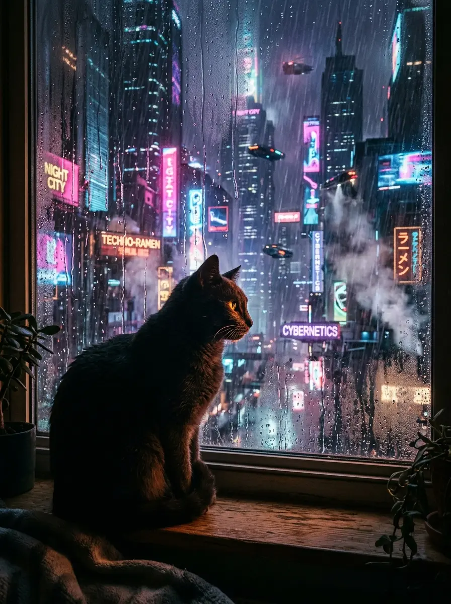 Katze am Cyberpunk-Fenster im Regen
