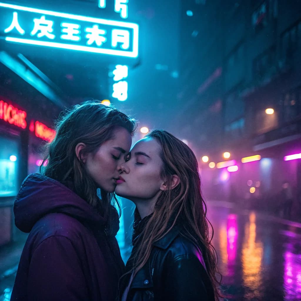 Zarte Geste im Neonlicht