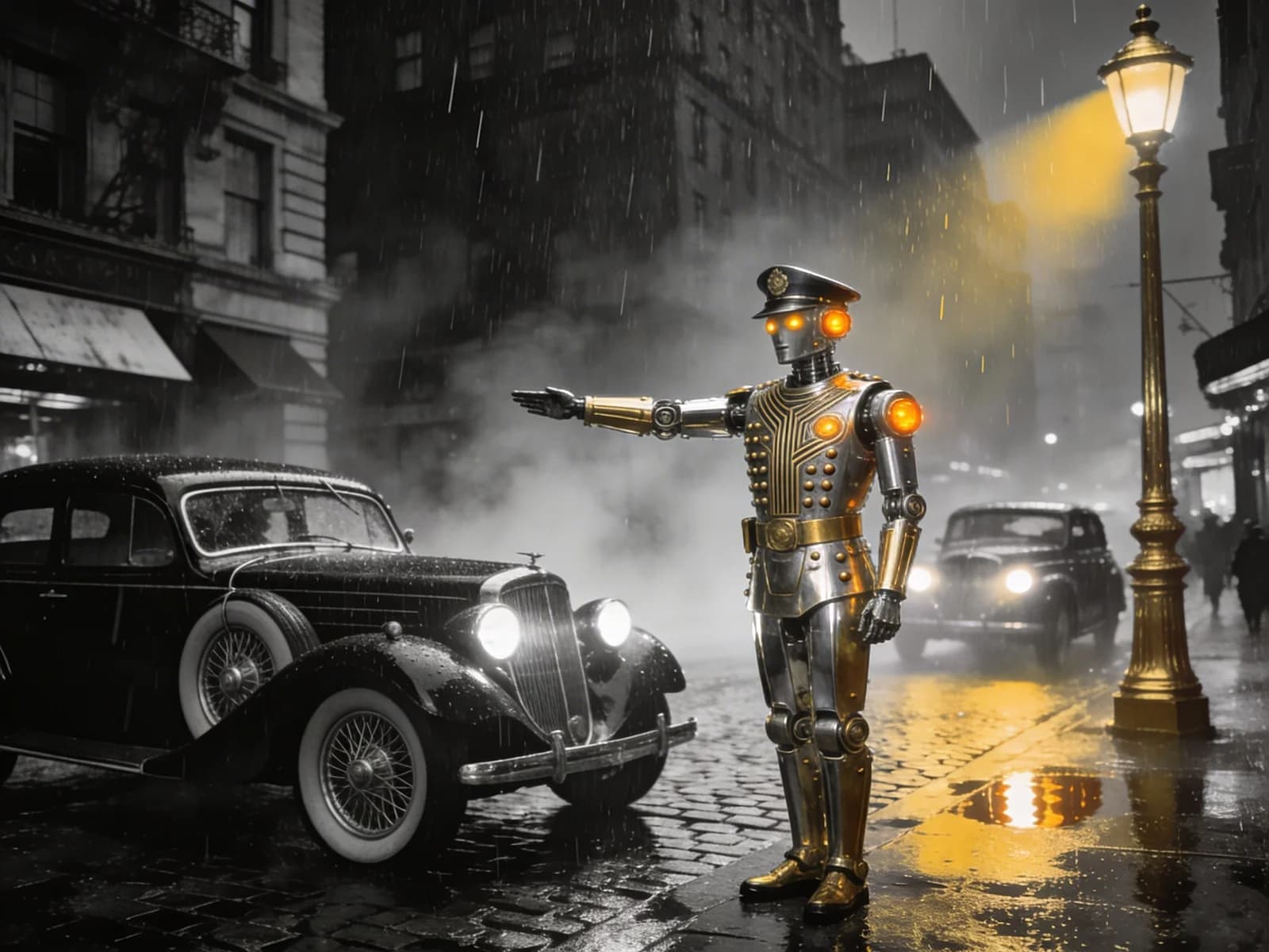 Retro-Roboter als Verkehrspolizist im Noir-Stil