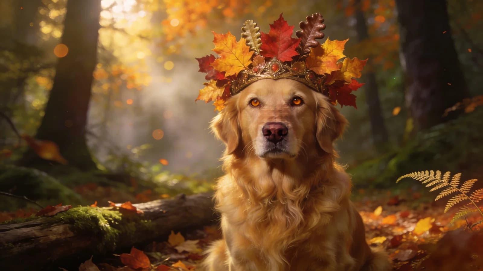 Majestätischer Golden Retriever mit Herbstblattkrone