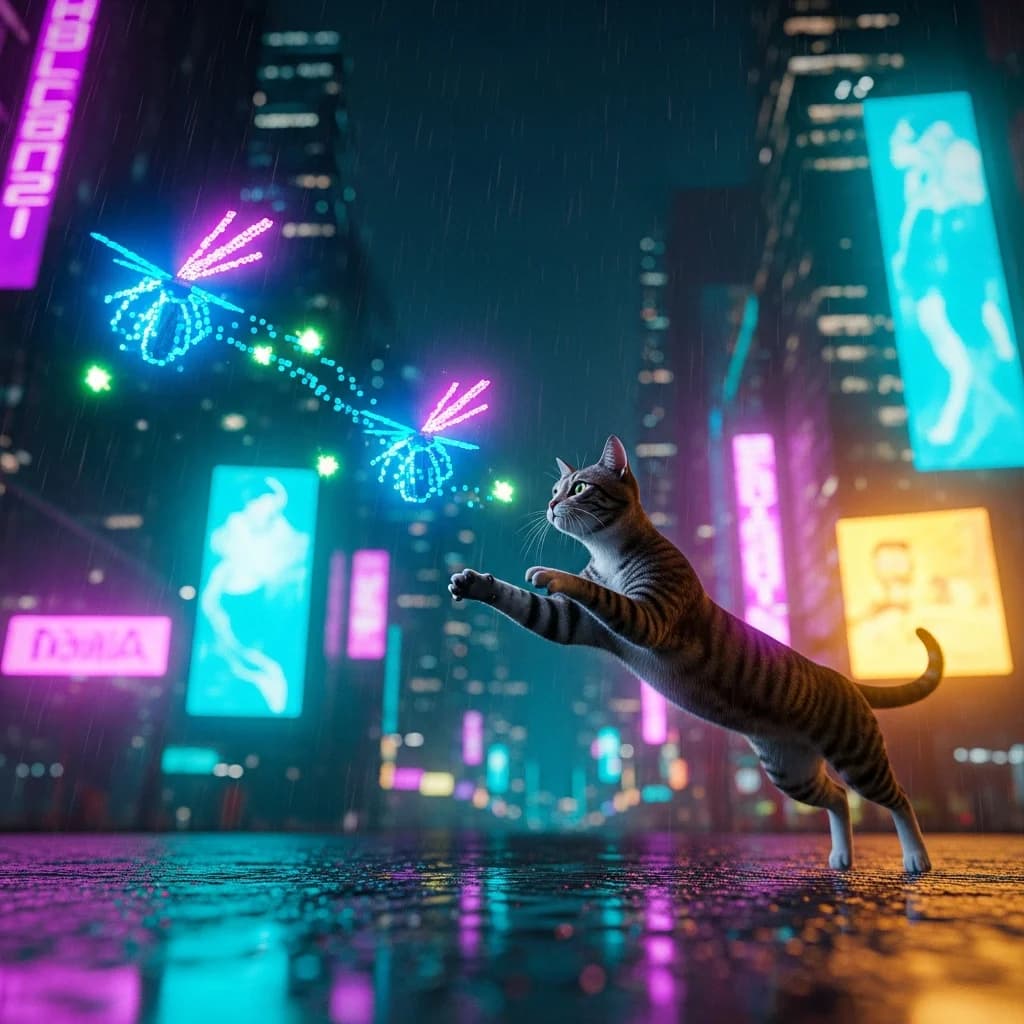 Cyberpunk-Katze jagt digitale Glühwürmchen