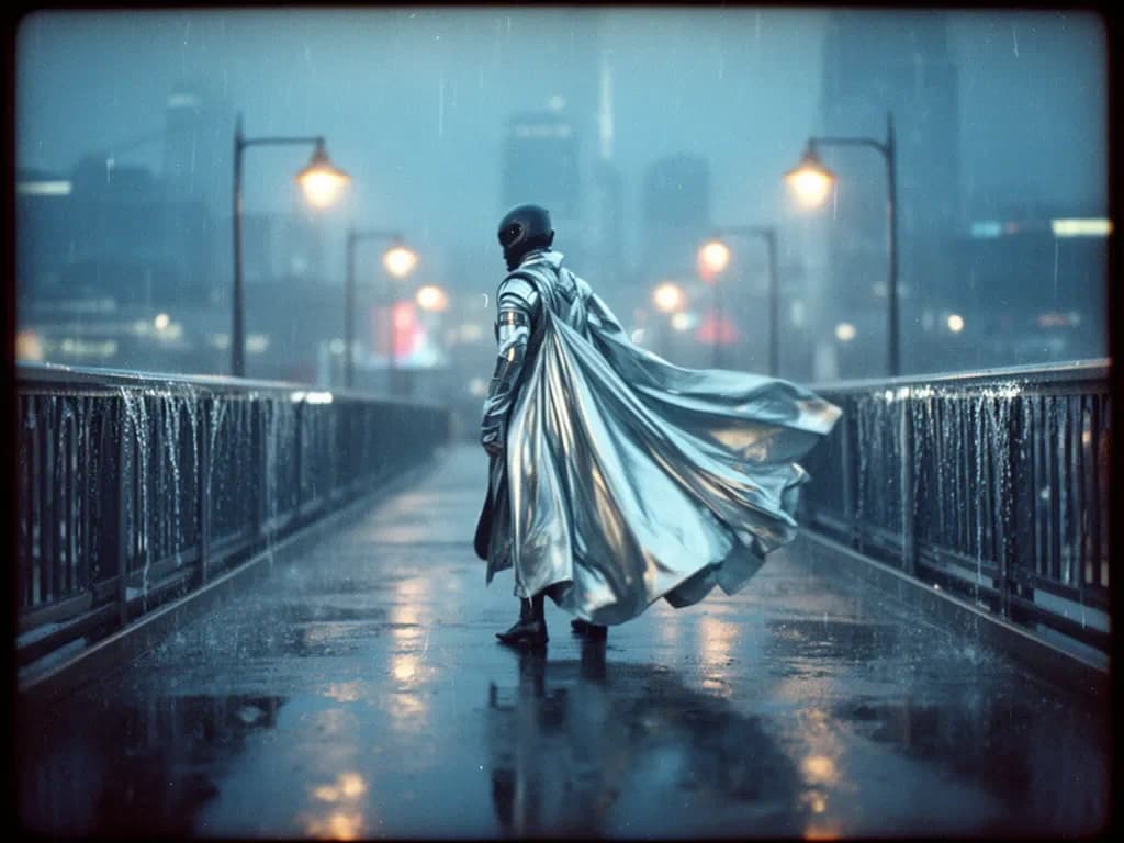 Futuristische Robe im Regen