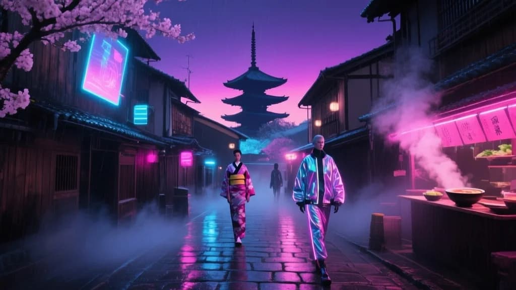 Cyberpunk-Kyoto im Neon-Schein