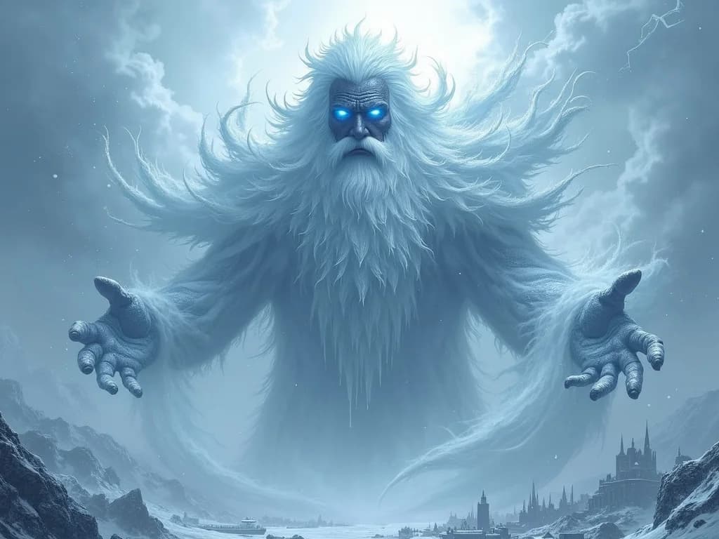 Eisgott über verschneiter Stadt