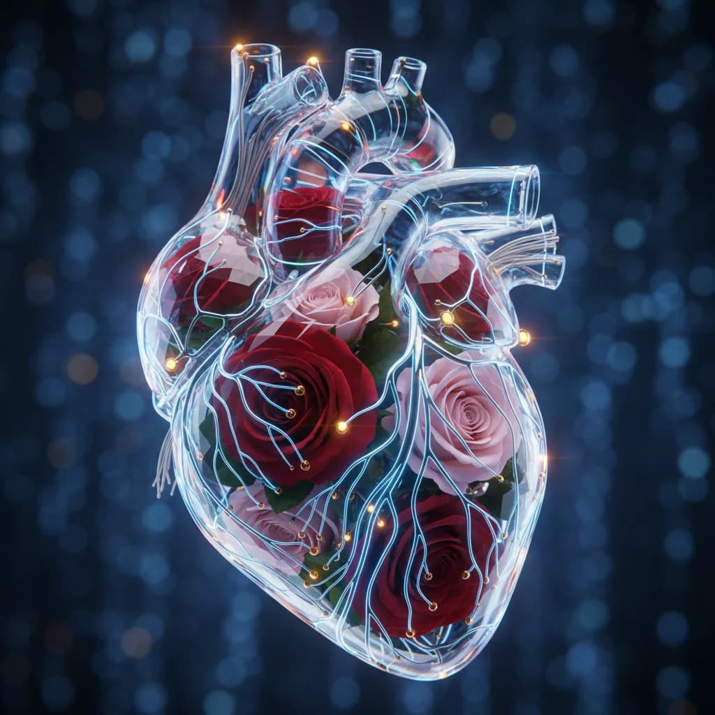 Gläsernes Biotech-Herz mit Rosenblüten