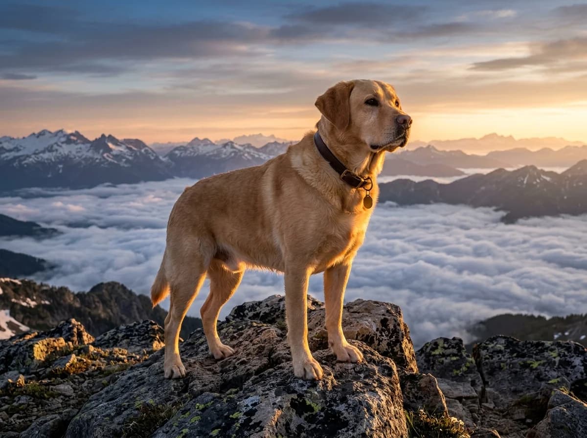 Labrador auf Berggipfel bei Sonnenaufgang