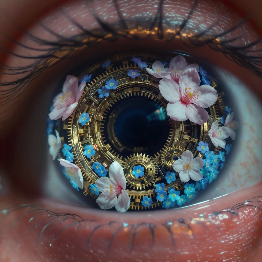 Biotechnisches Auge mit blühenden Zahnrädern