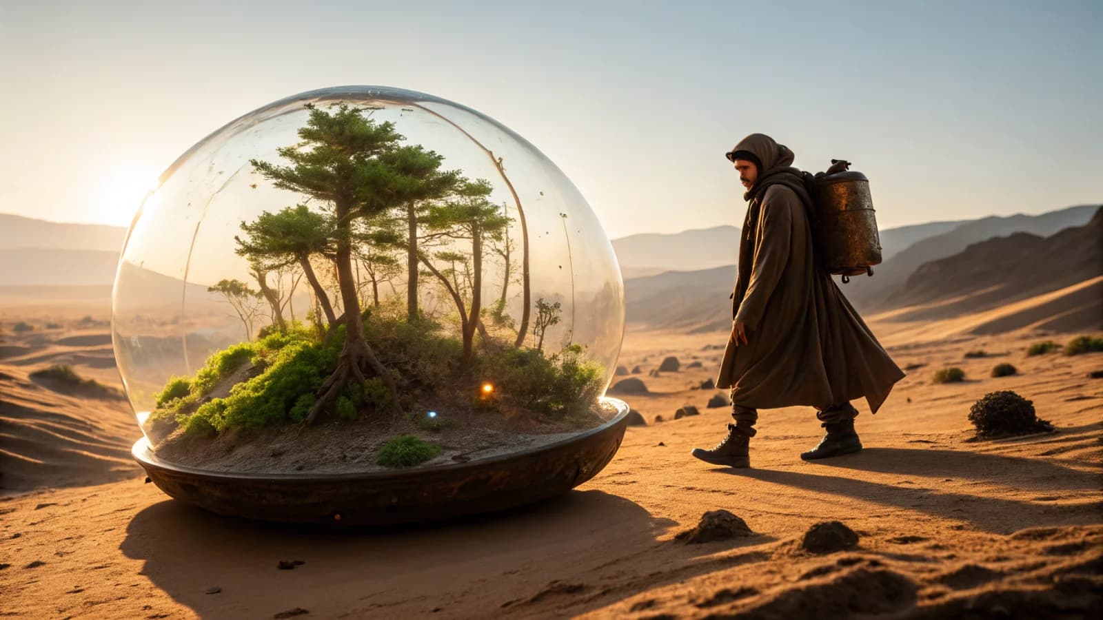 Nomade mit tragbarem Wald im Glasbehälter