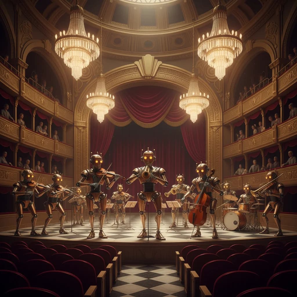 Retro-Roboter-Orchester in goldener Opernhalle