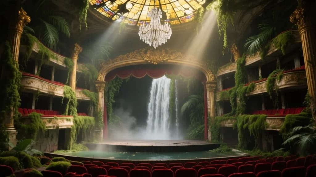 Verwunschenes Opernhaus mit Wasserfall