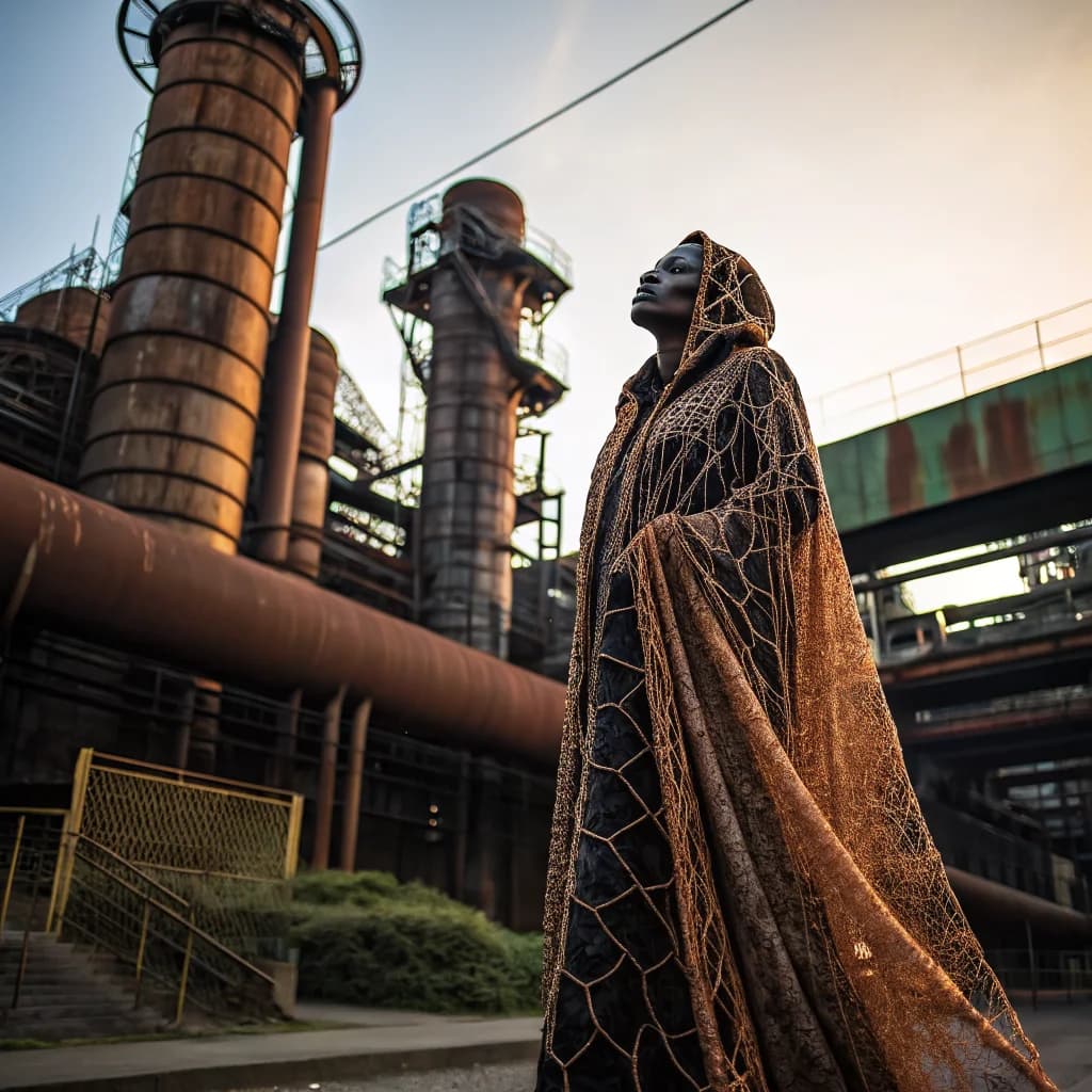 Kupferdraht-Robe vor Fabrikruinen