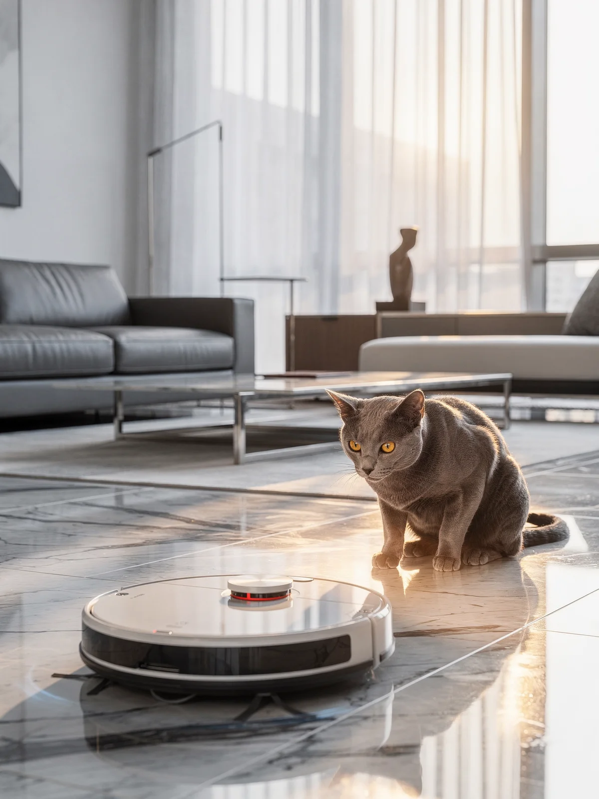 Katze beobachtet Roboter-Staubsauger in Luxuswohnung