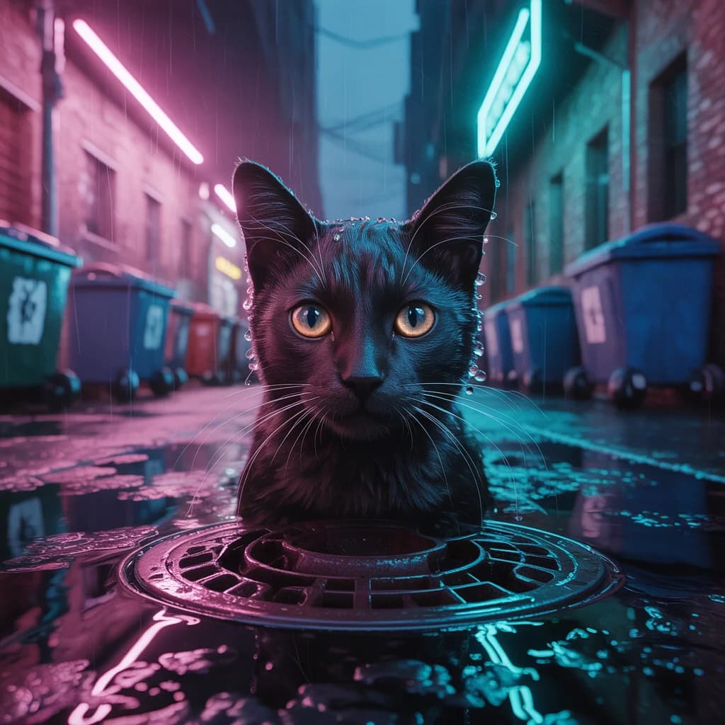 Cyberpunk-Katze im Neonlicht