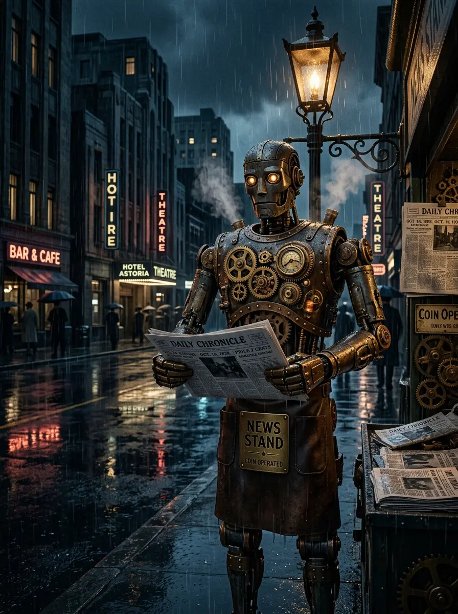 Mechanischer Zeitungsverkäufer im Regen