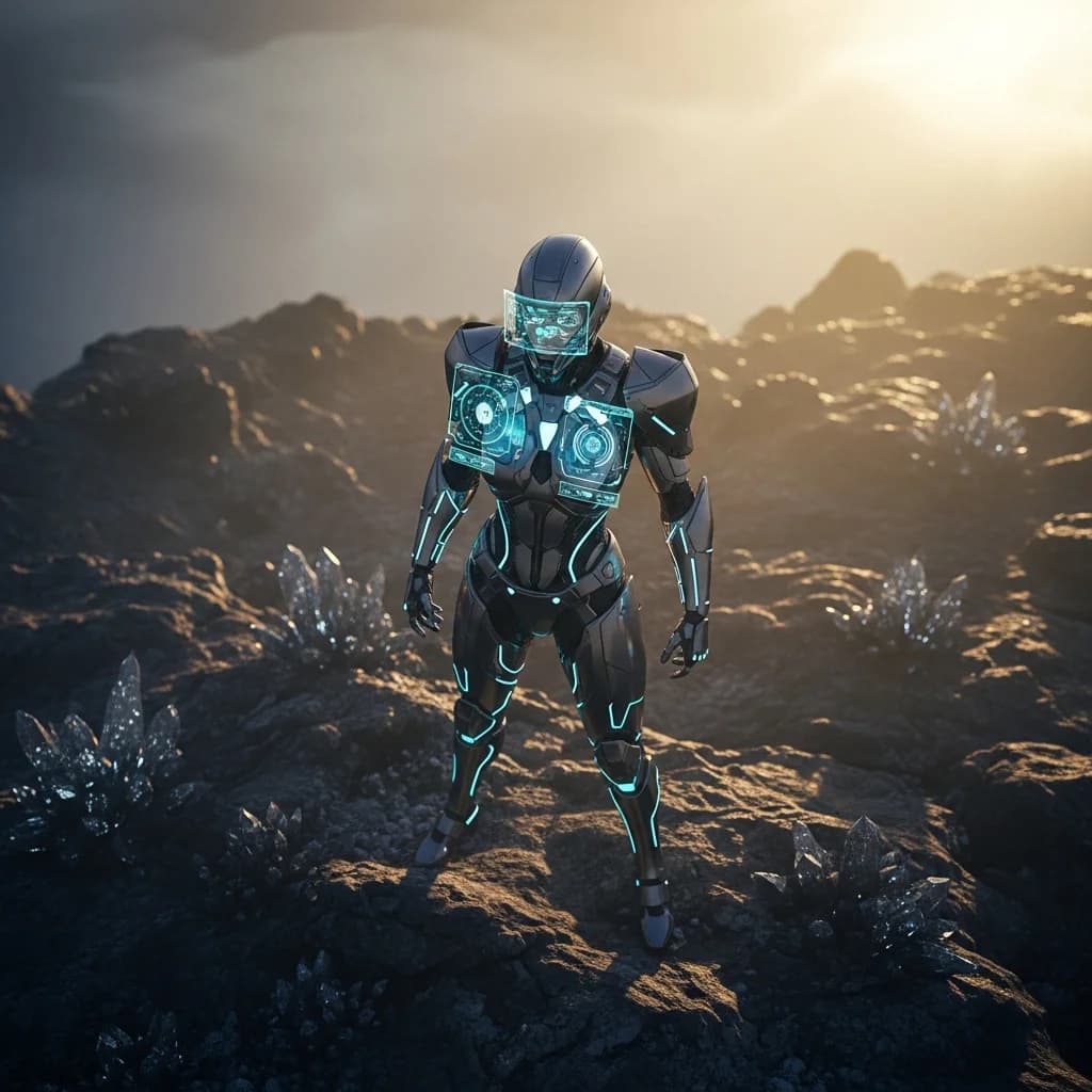 Futuristische Kriegerin auf Felsplateau