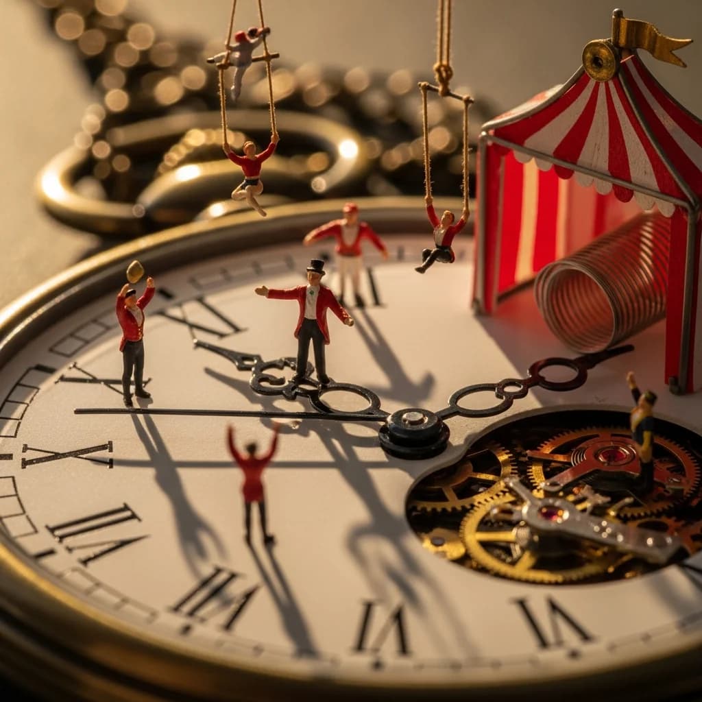Miniatur-Zirkus auf Uhrenzeiger