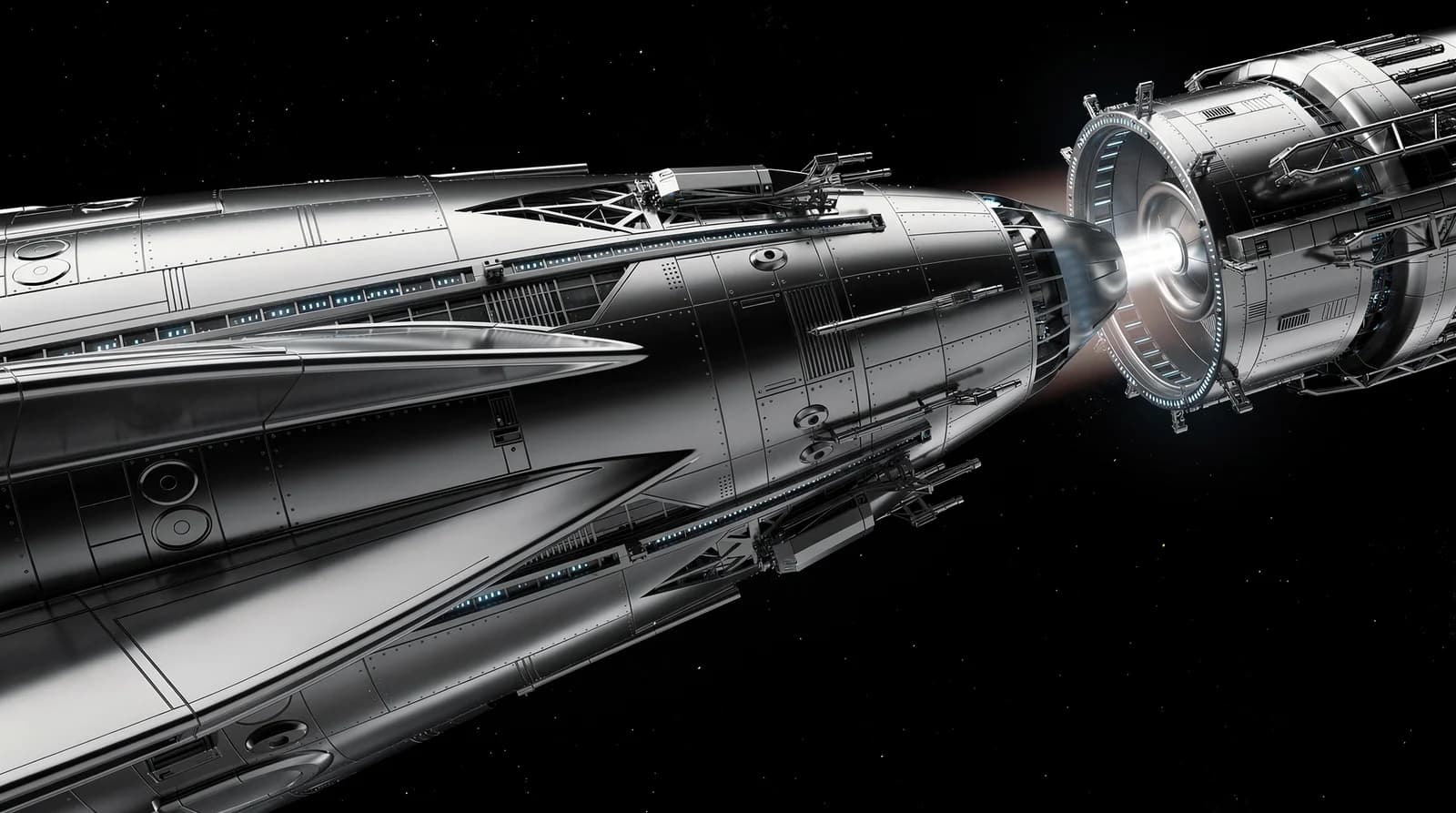 Retro-futuristisches Raumschiff-Docking im Weltraum