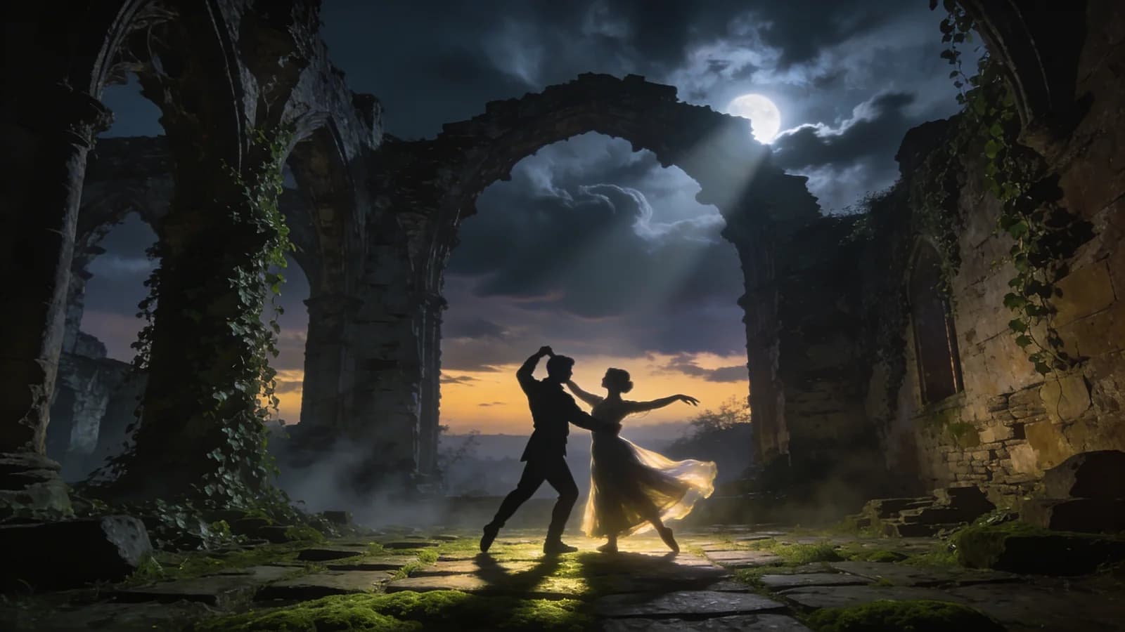Romantisches Tanzpaar in gotischer Ruine
