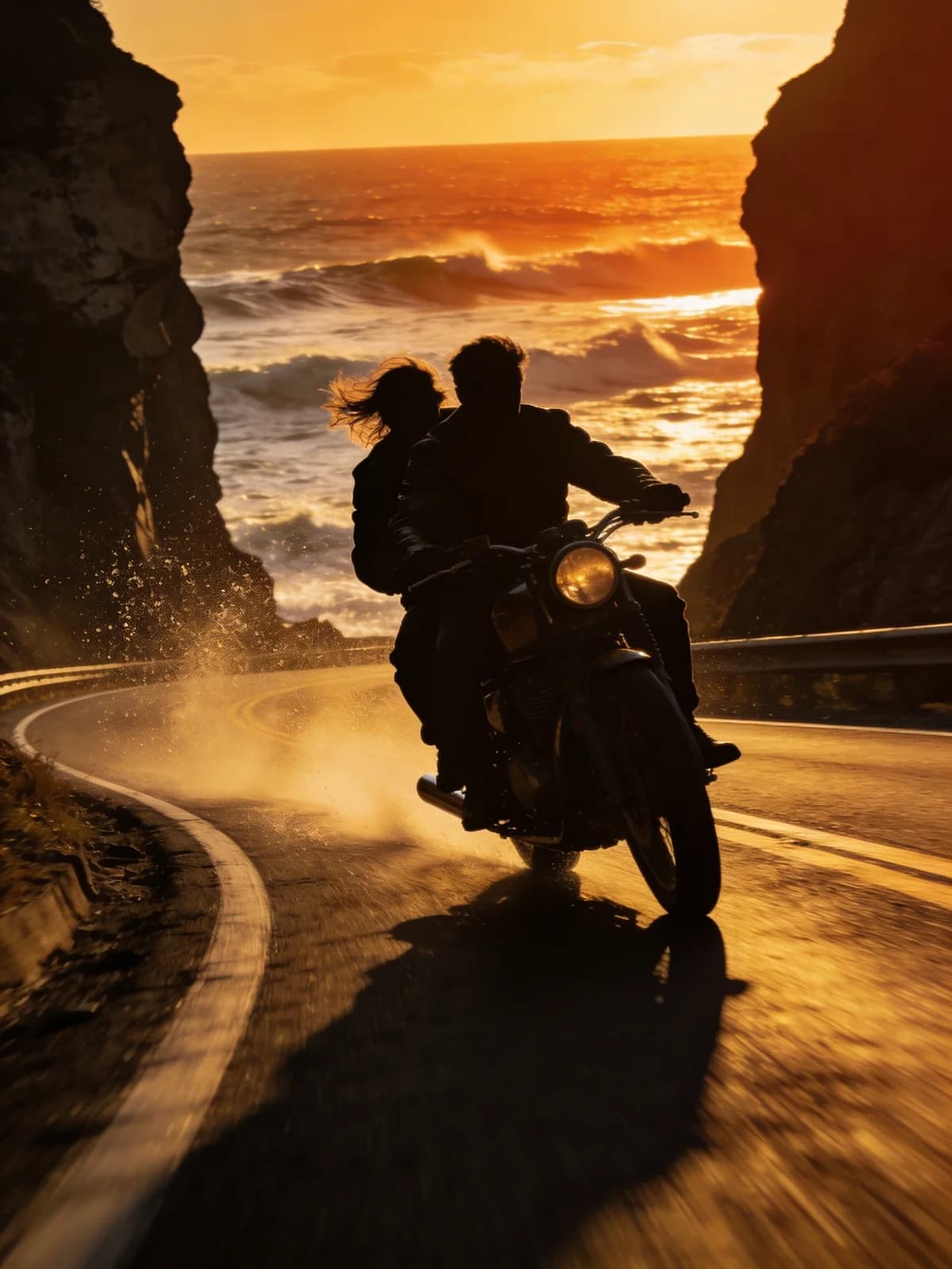 Küstenmotorrad im Sonnenuntergang