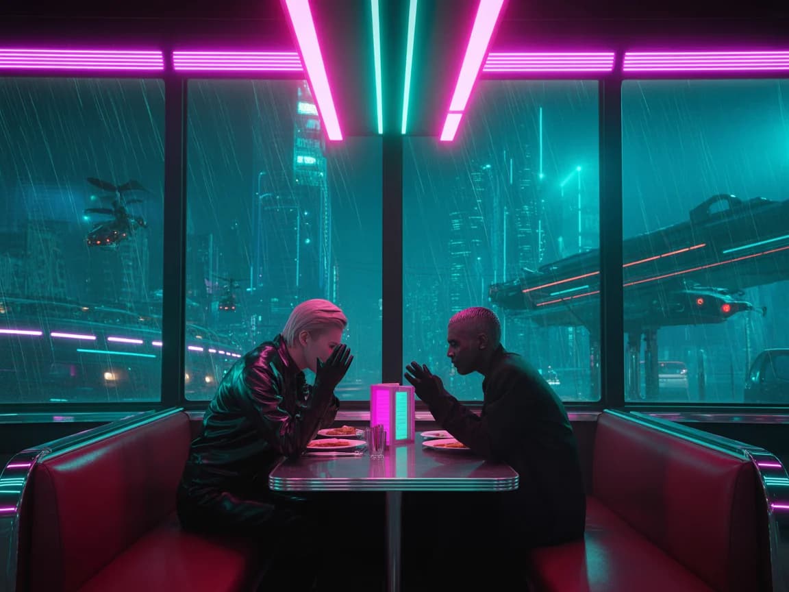 Cyberpunk-Date im Neon-Imbiss