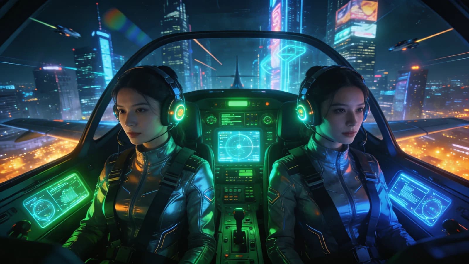 Cyberpunk Pilotinnen bei Nacht