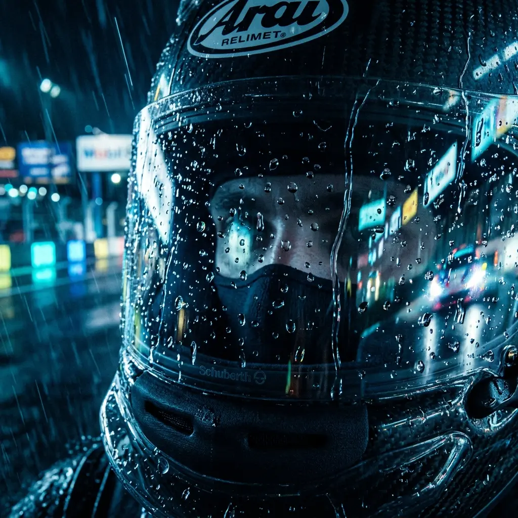 Regentropfen auf Rennfahrer-Visier