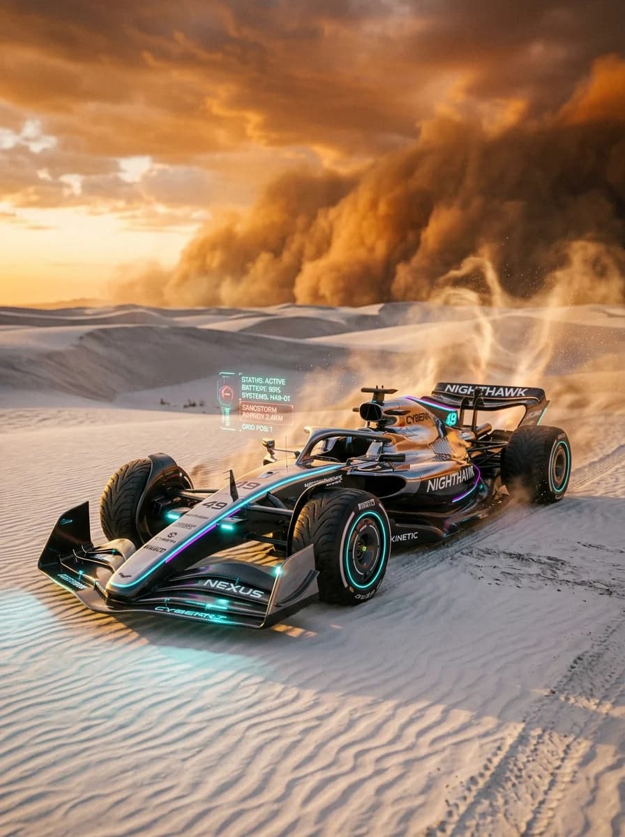 Futuristischer F1-Bolide in Cyberpunk-Wüste