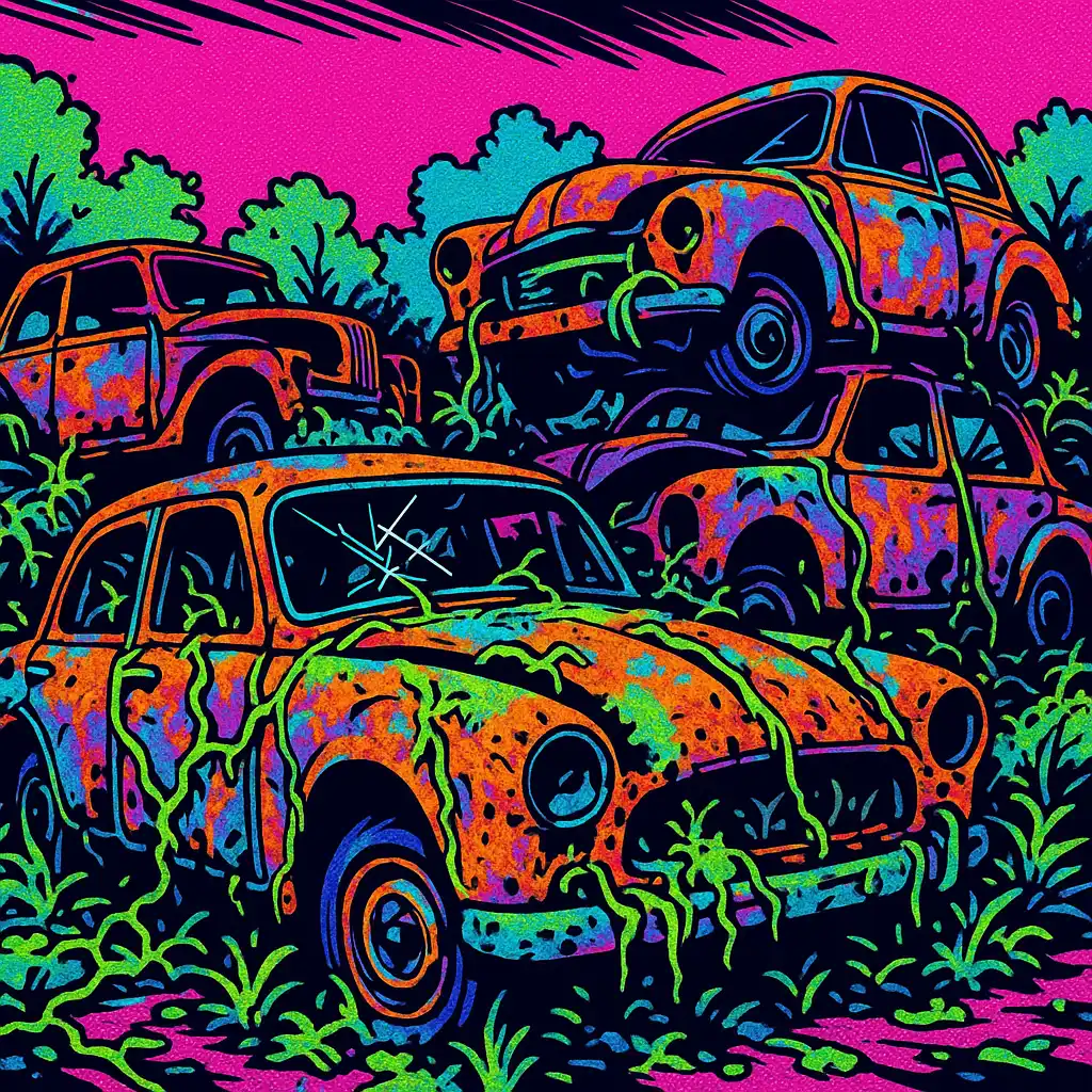 Pop-Art Schrottplatz mit überwucherten Autowracks