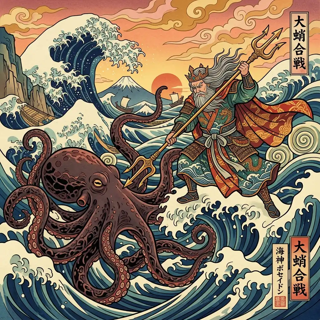 Poseidon gegen Riesenkraken im Ukiyo-e Stil