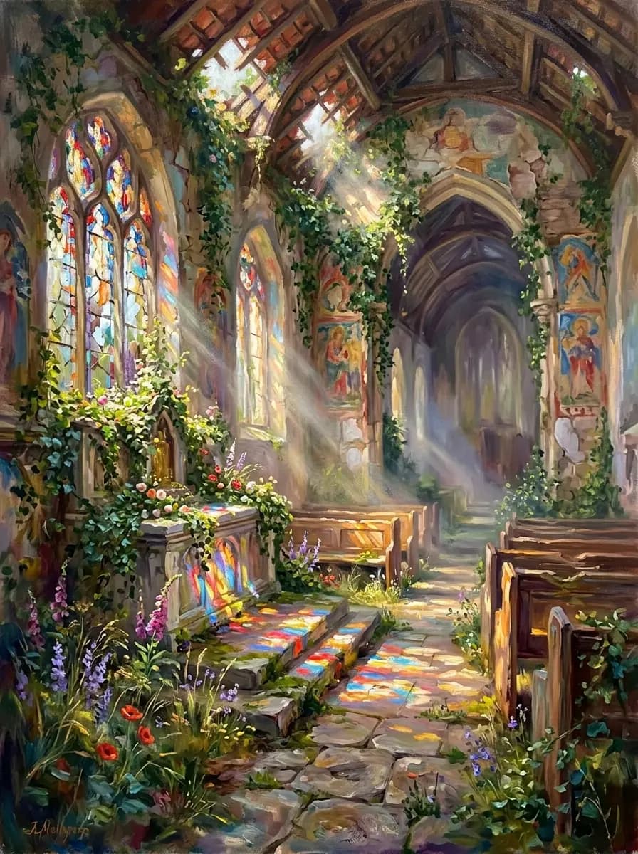 Verlassene Dorfkirche im Lichtspiel