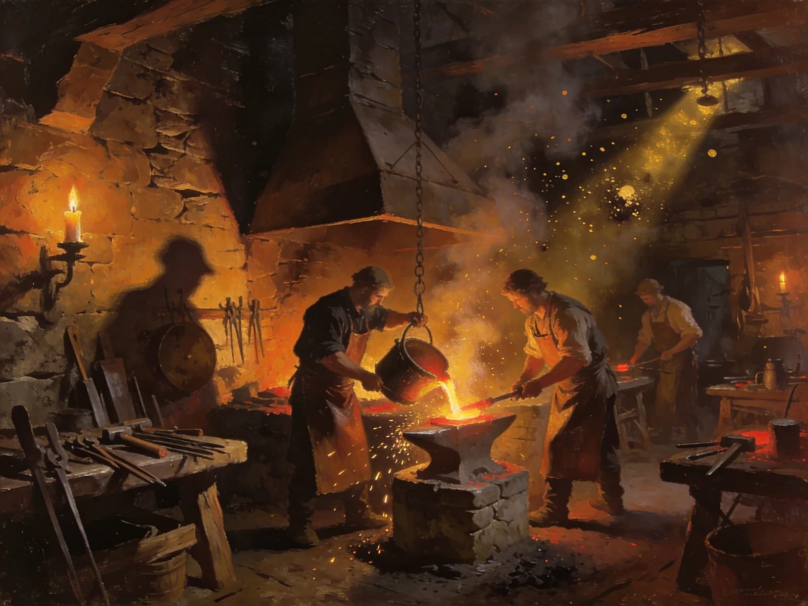 Mittelalterliche Eisengießerei im Kerzenschein