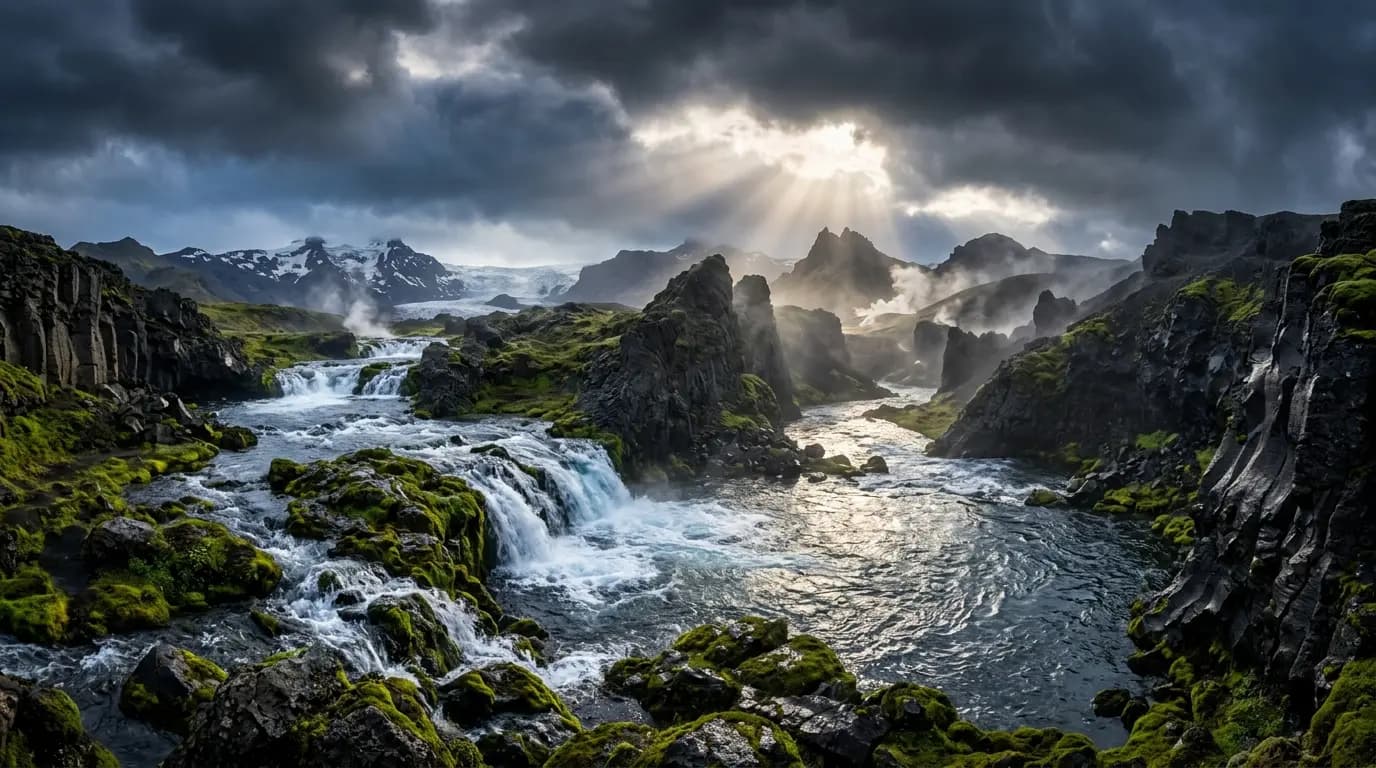 Mystischer Bach über Vulkangestein Island