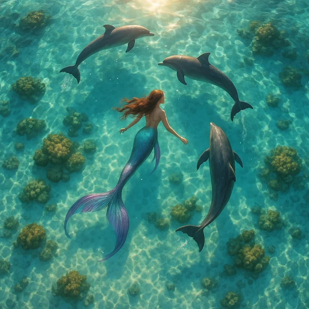 Meerjungfrau mit Delfinen von oben