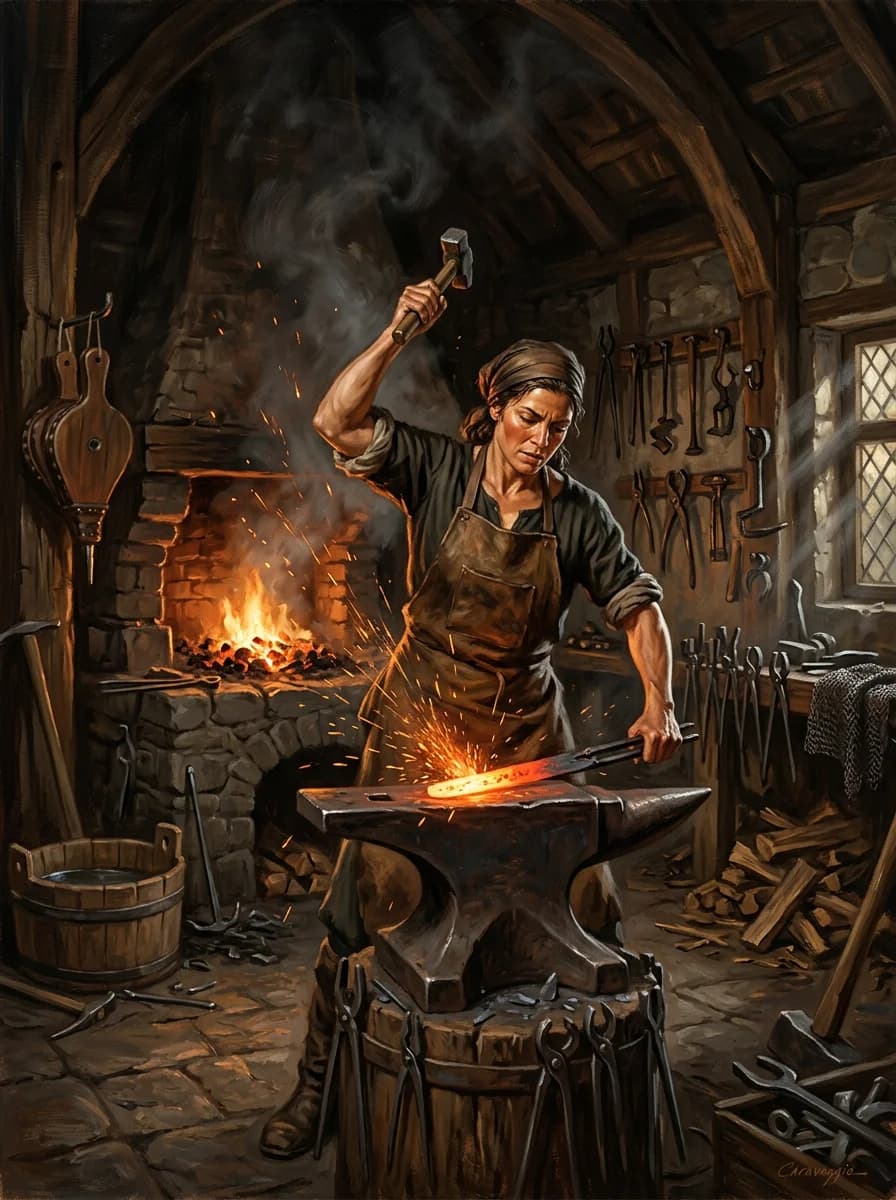 Renaissance Schmiedin bei der Arbeit