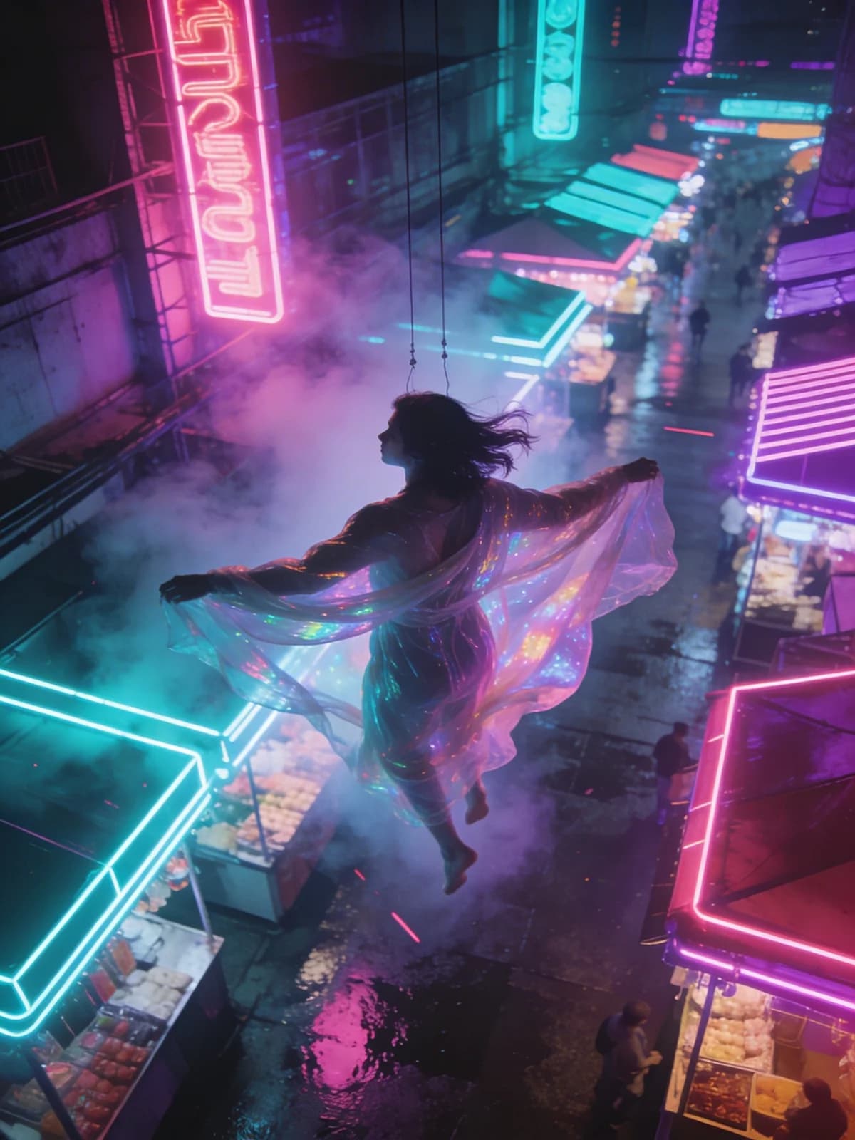 Schwebende Gestalt über Neon-Marktplatz