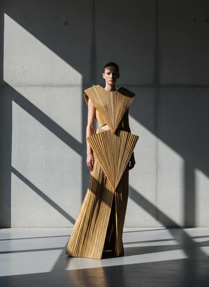 Skulpturale Bambusmode im Betonlicht