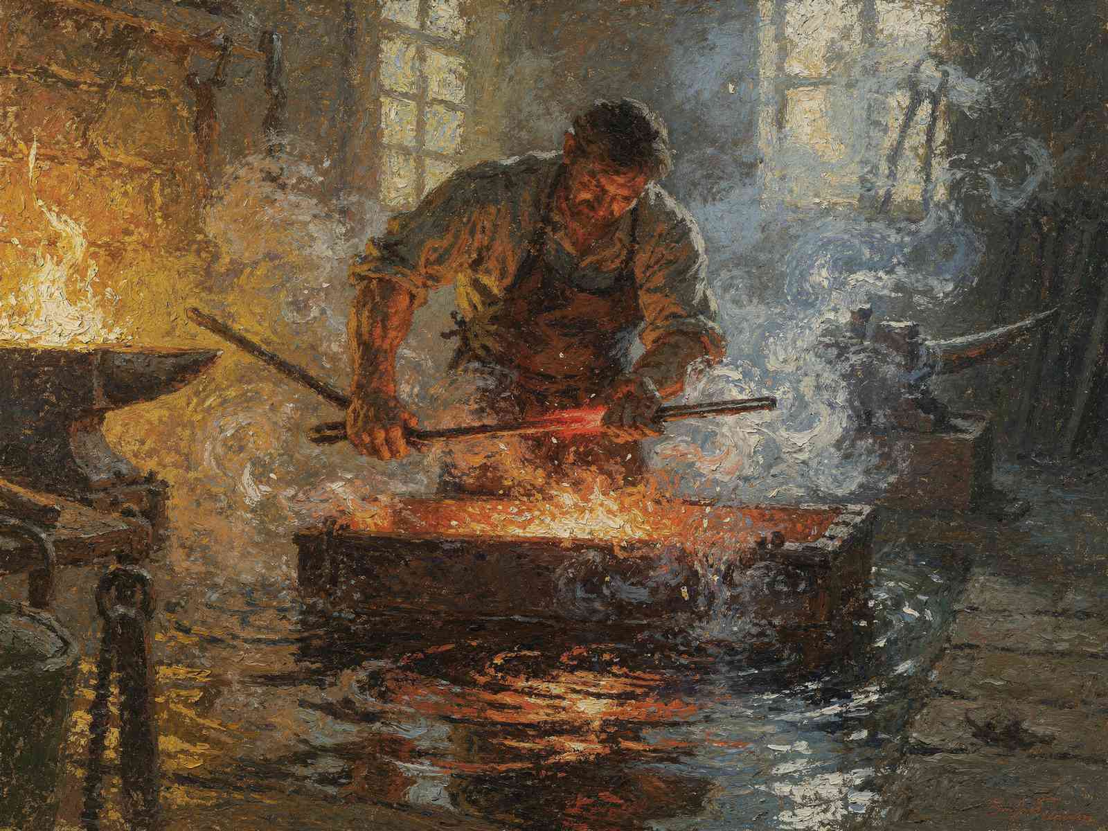 Schmied beim Härten des glühenden Eisens