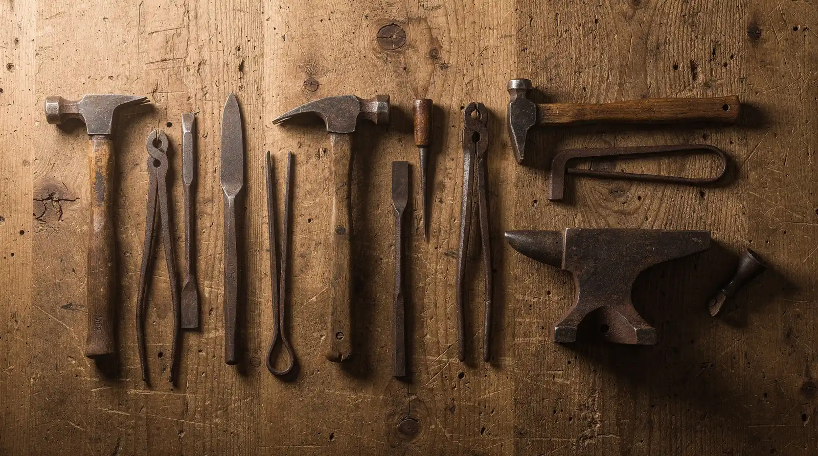 Schmiedewerkzeuge an rustikaler Wand