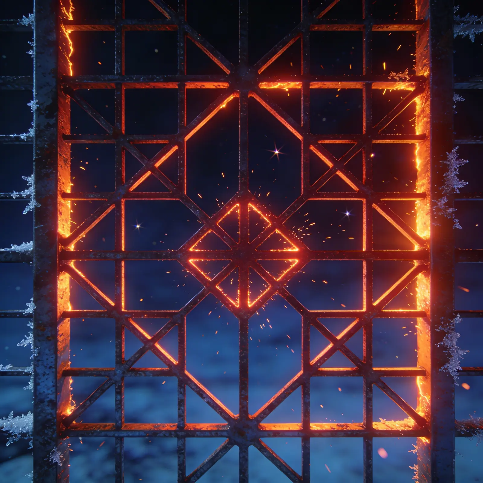 Glühendes Metallgitter in frostiger Nacht