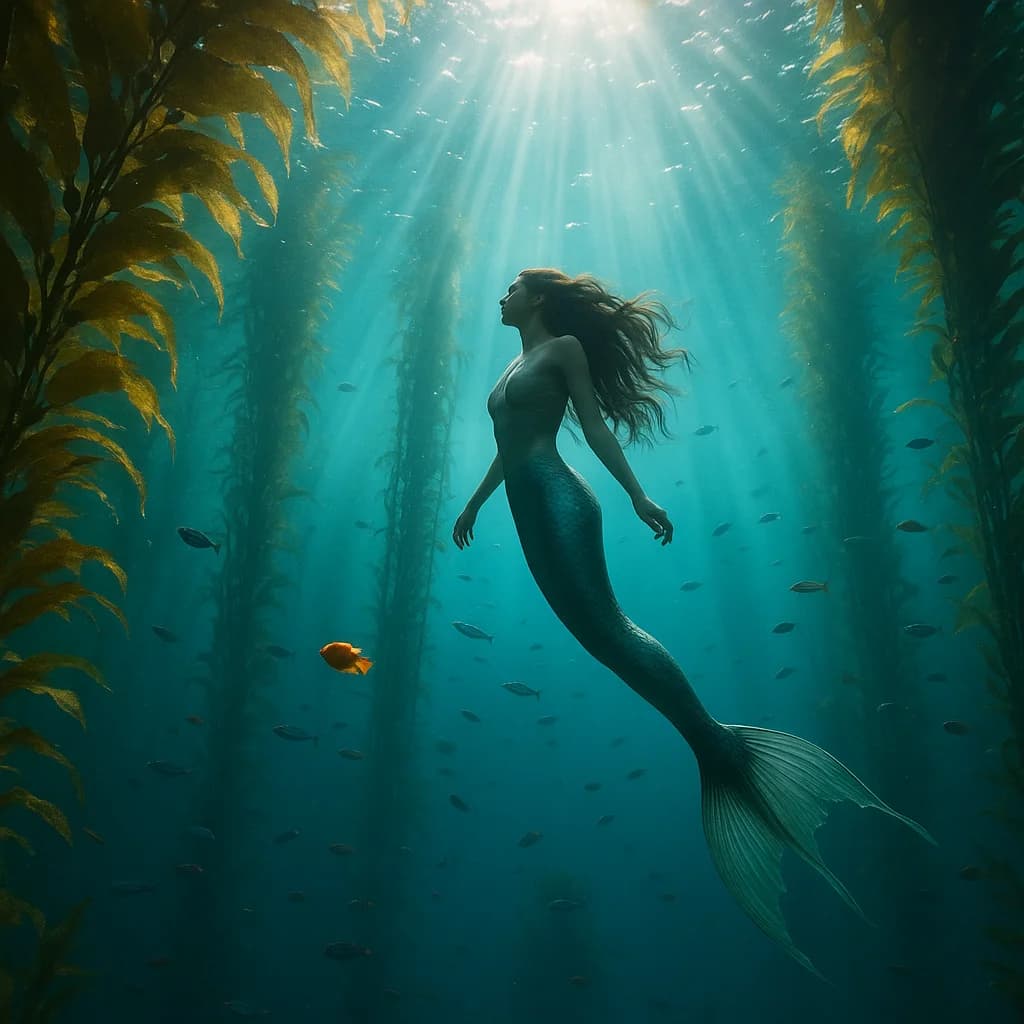 Meerjungfrau im Kelpwald bei Sonnenlicht