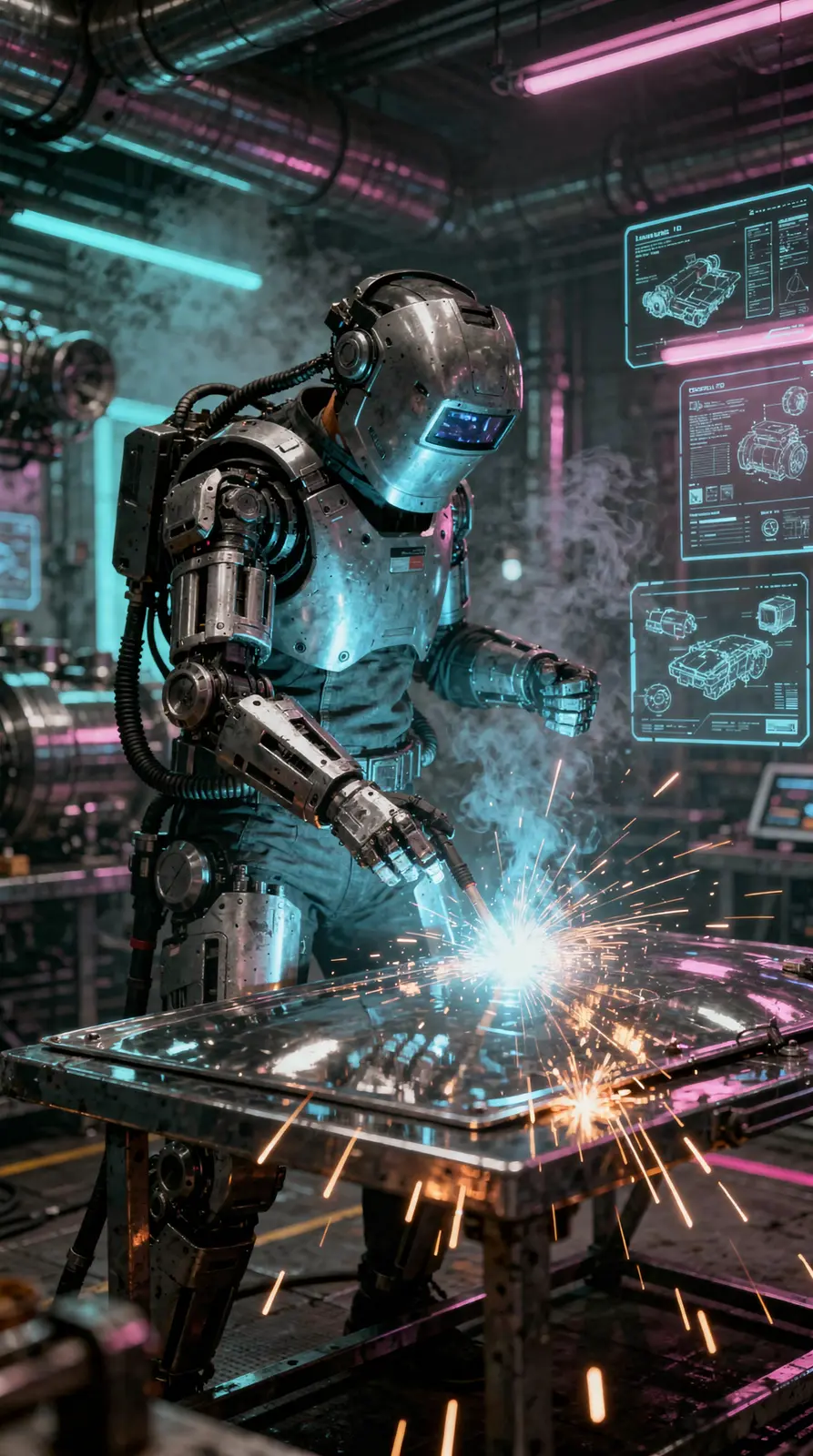 Cyberpunk Schweißer mit Exoskelett