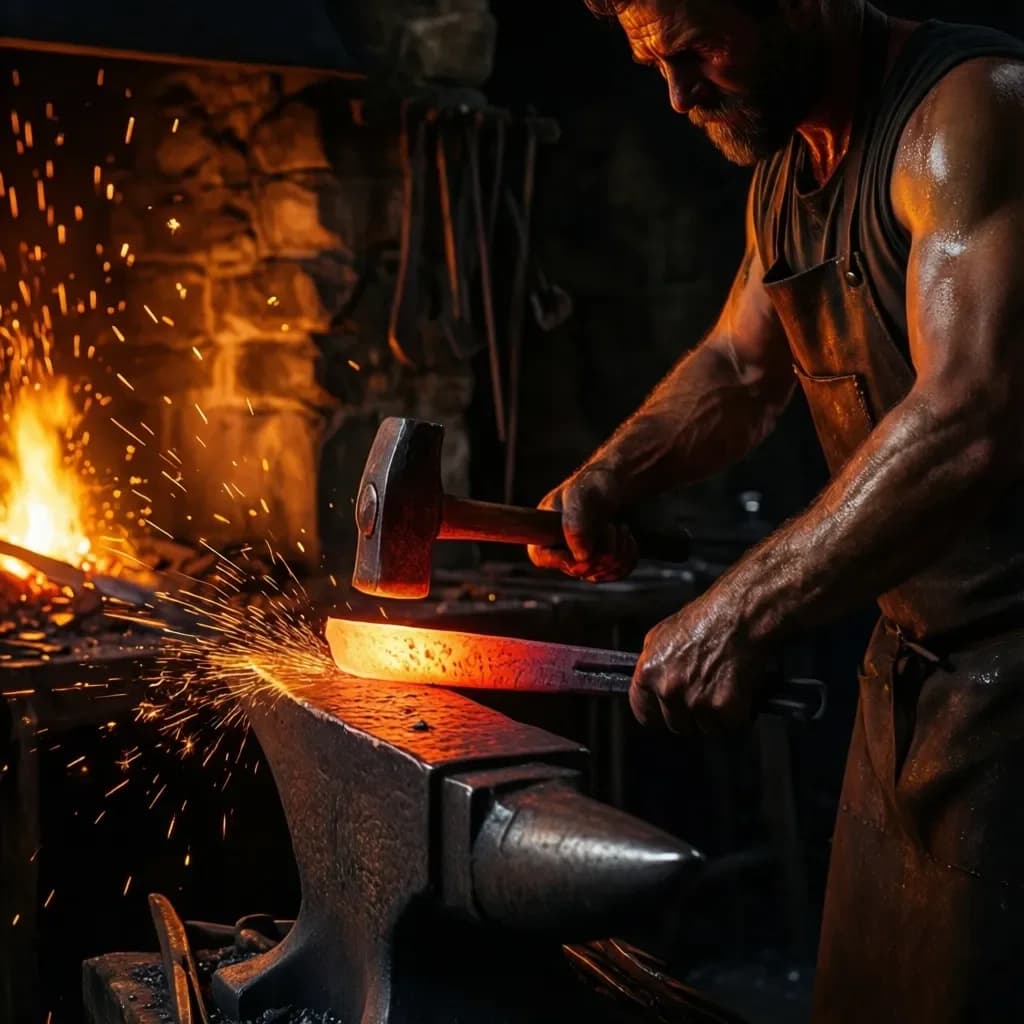 Schmied im dramatischen Feuerschein