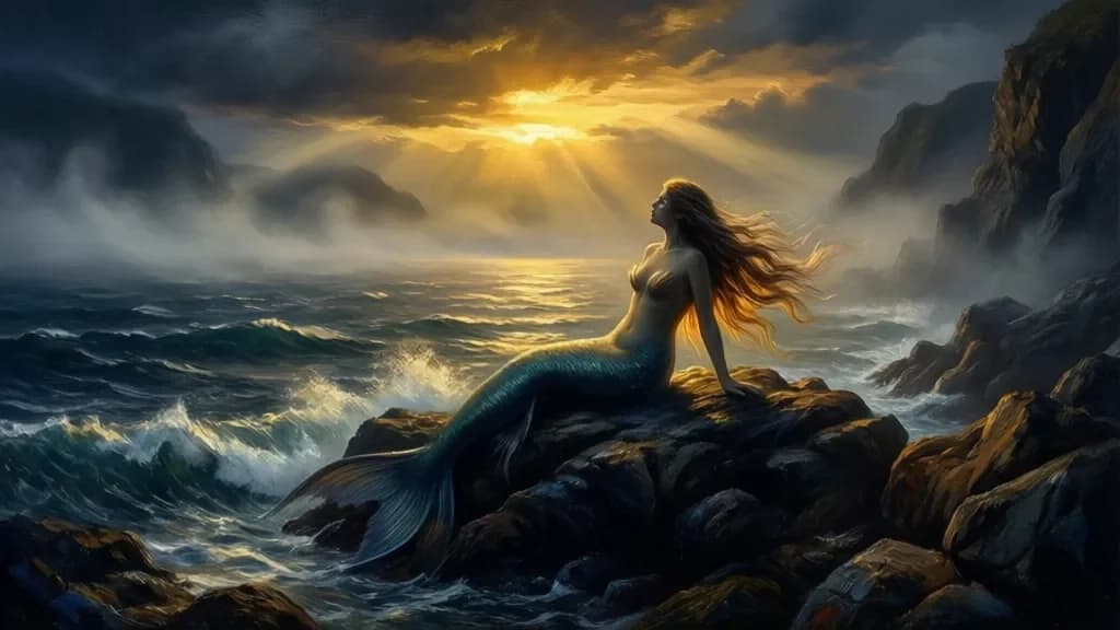 Melancholische Meerjungfrau im Sonnenuntergang