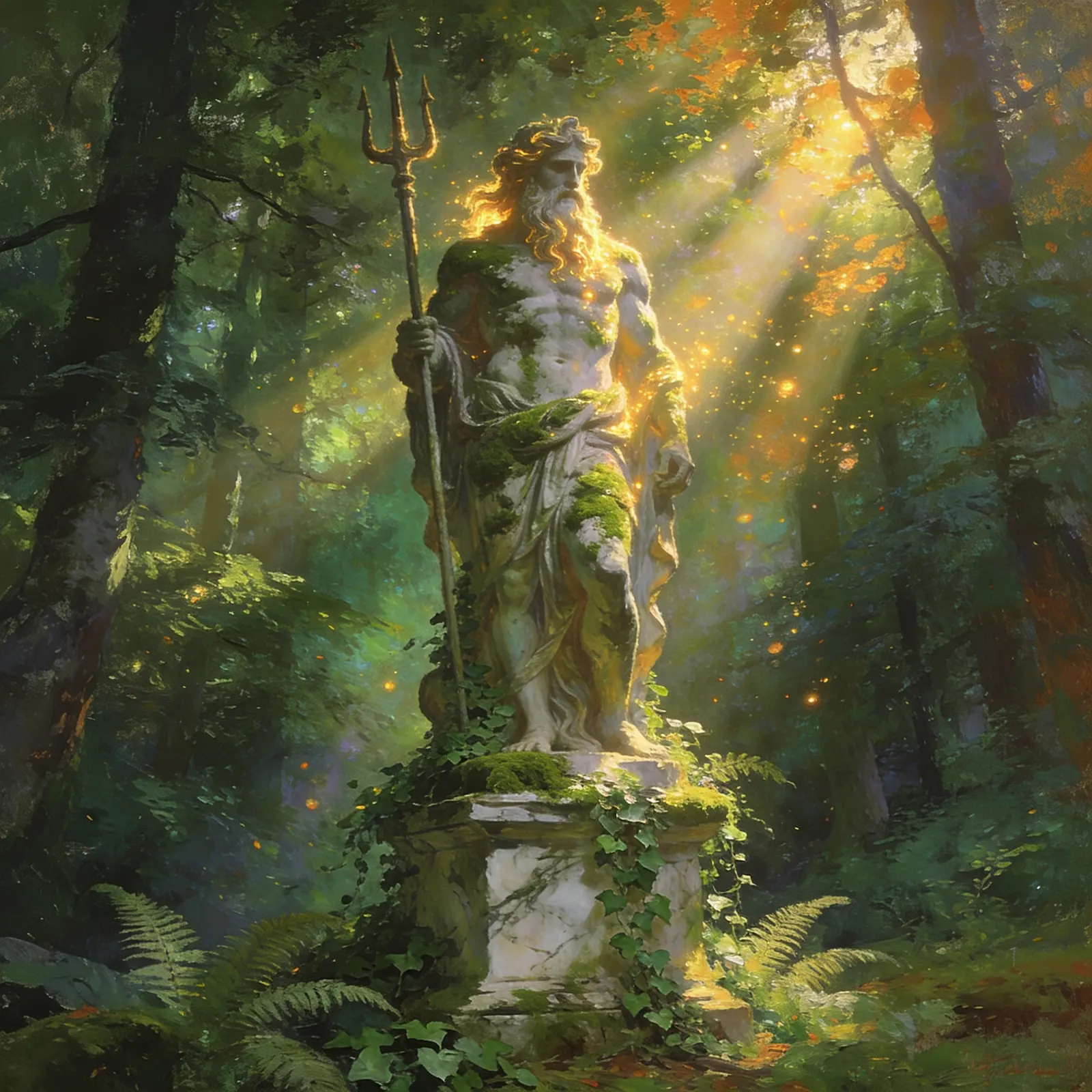 Poseidon-Statue im verwunschenen Waldlicht