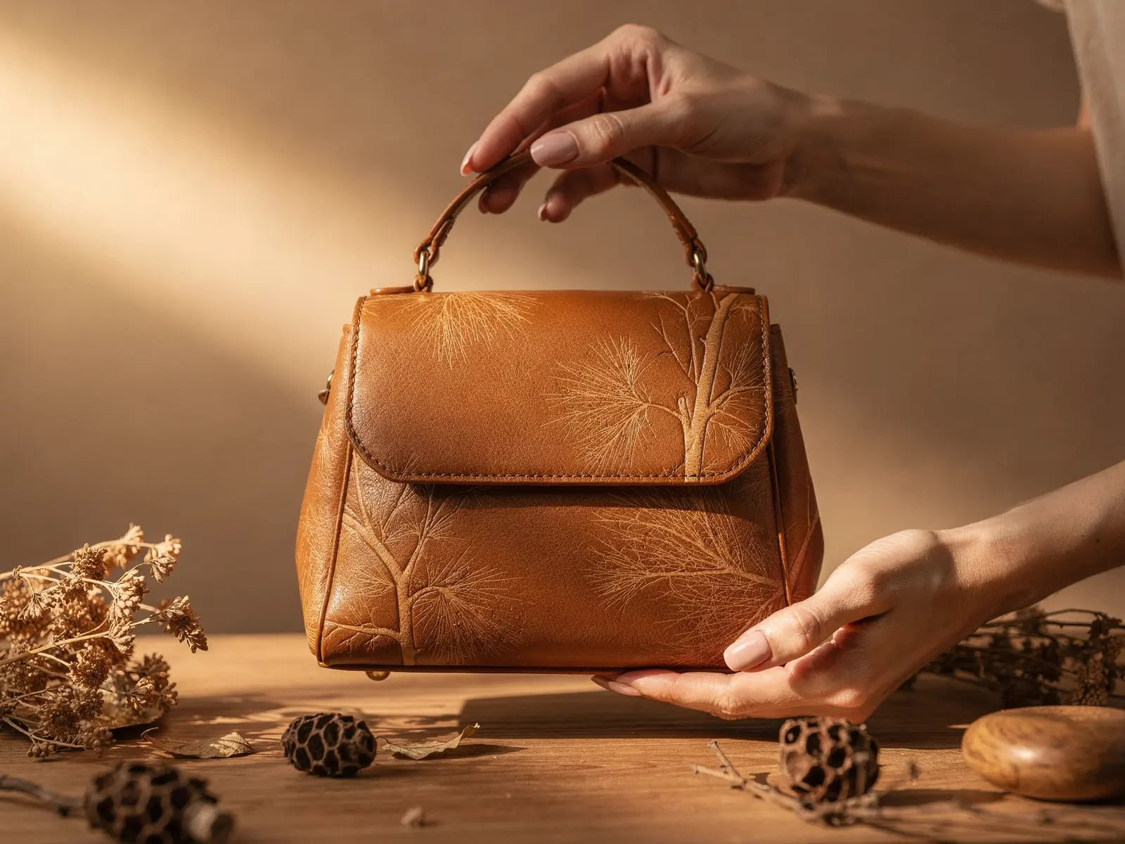 Elegante Pilzleder-Tasche im Erdlicht