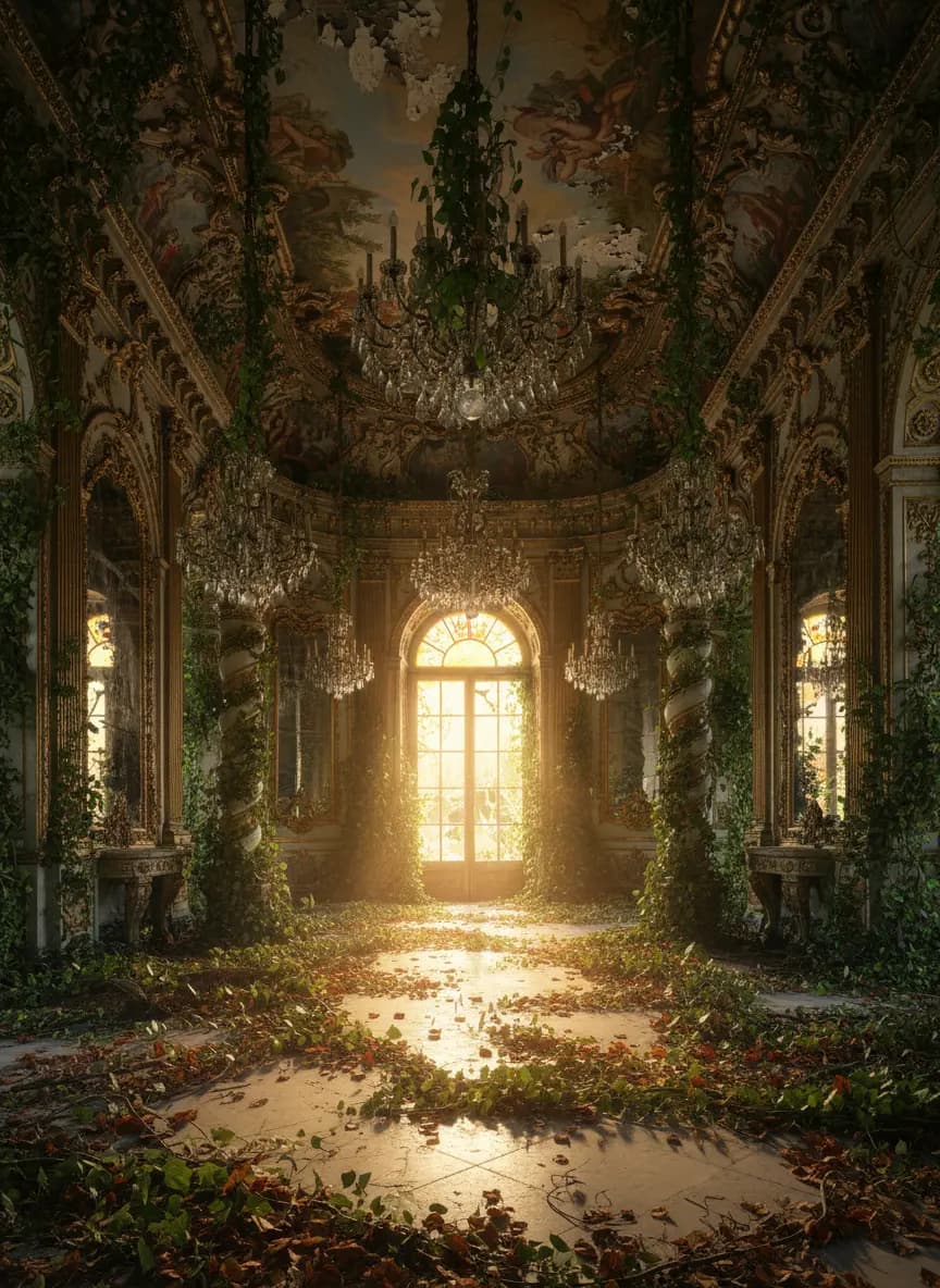 Verfallener Barock-Ballsaal mit Efeu
