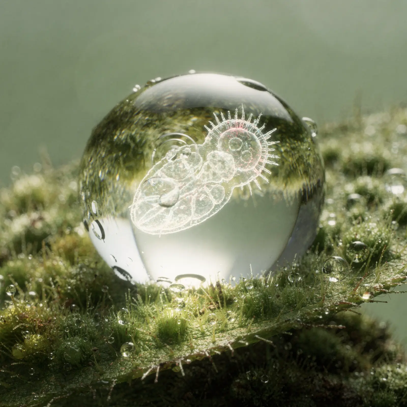 Mikroskopisches Wassertropfen-Universum auf Moos