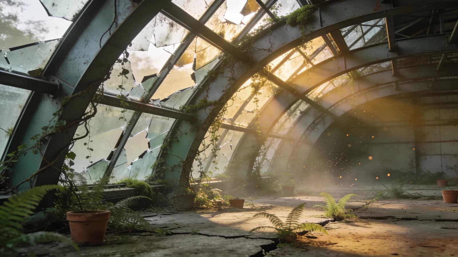 Verlassenes Gewächshaus im Morgenlicht
