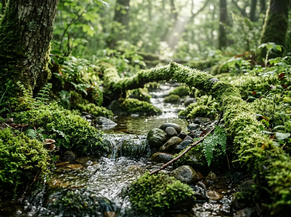 Märchenhafter Waldbach mit Tautropfen